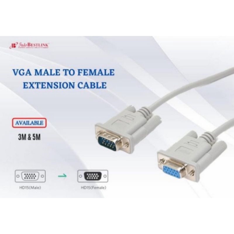 Kabel VGA 5 meter / Kabel VGA cowo Cewe 5meter / kabel VGA male to female/ kabel VGA putih / kabel VGA extension