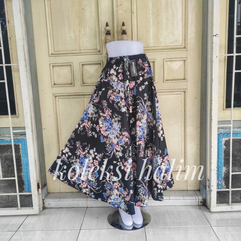 (BISA COD)rok payung/rok katun lebar/motif bunga AMAZON LILY-Hitam