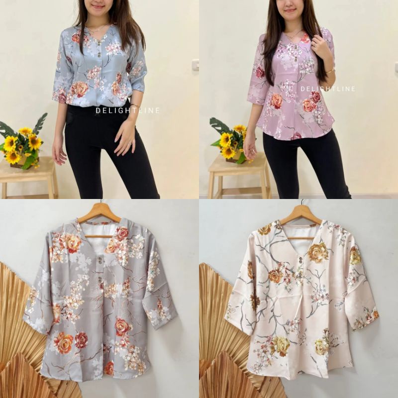 SHERATON LENGAN 3/4 V NECK WHITE BLOUSE /BUNGA SAKURA KYOTO FLOWER - DELIGHTLINE ATASAN VNECK WANITA-3