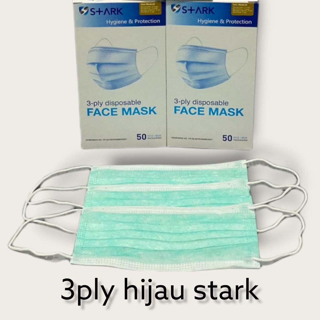 GREEN BOX/50 - MASKER 3PLY STARK HIJAU EARLOOP DISPOSABLE MASK