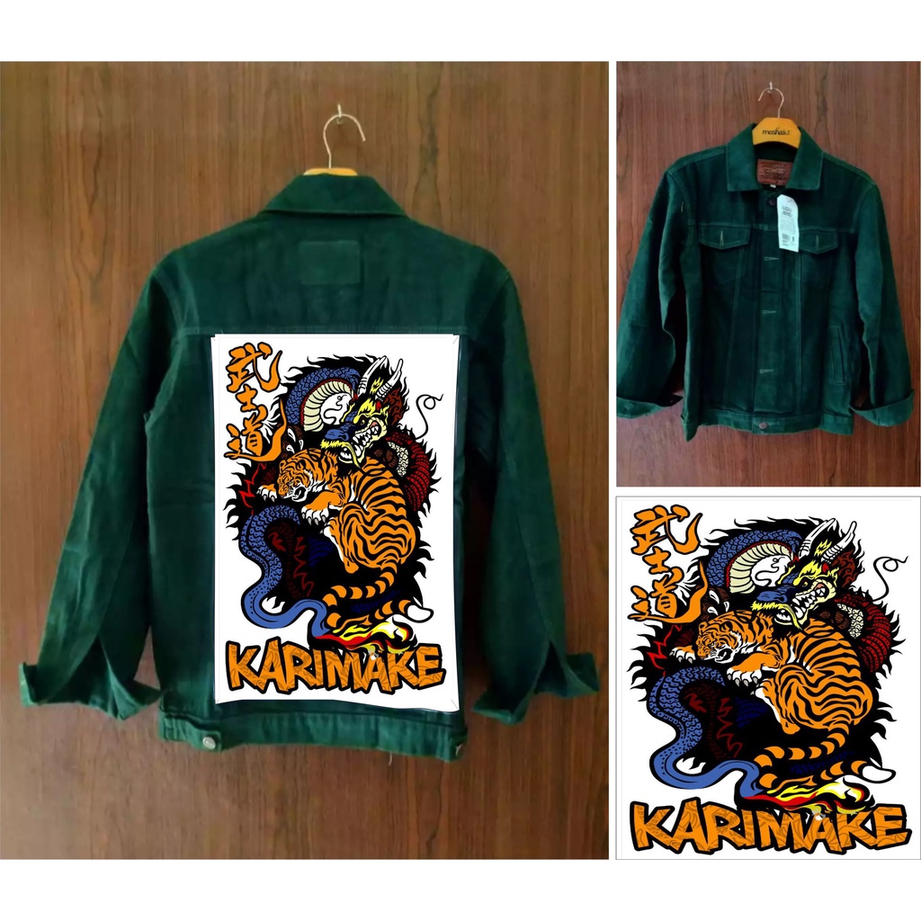 Eta Karimake jaket jeans hijau army gambar belakang macan putih printing 3 dimensi terbaru