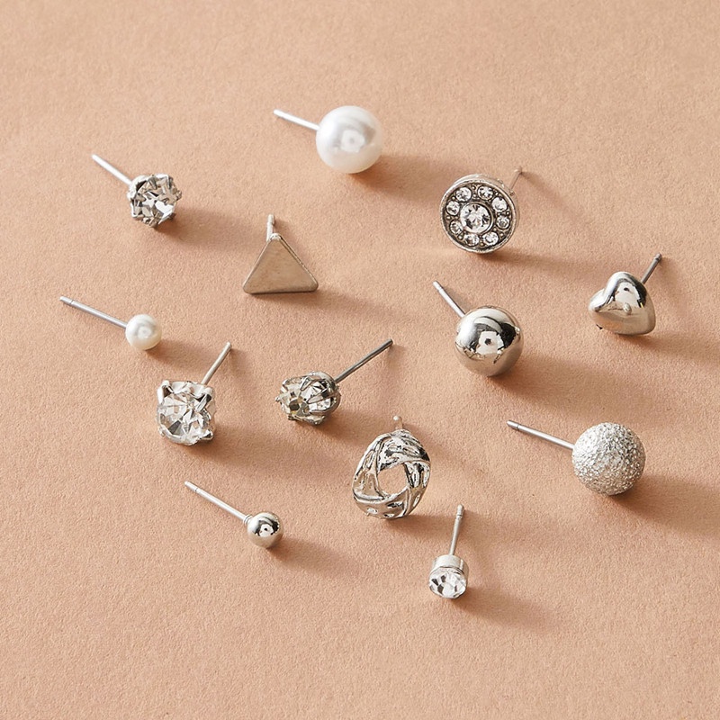 12 Pasang / Set Anting Stud Kristal Bentuk Hati Bunga Aksen Mutiara Untuk Wanita