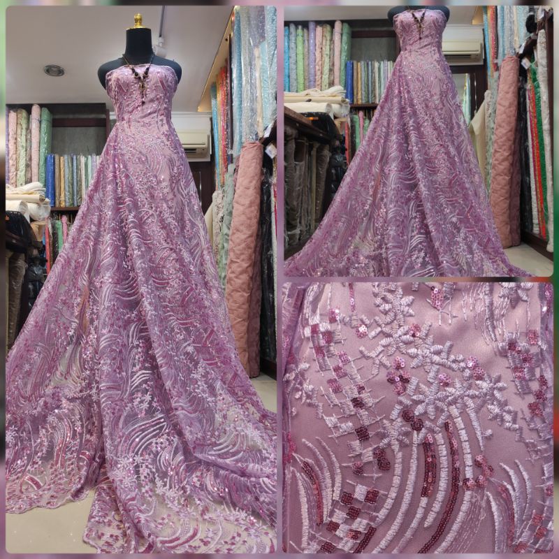 Kain Tile Brokat Bintang Salur Payet Bridal Sequin CBT12488