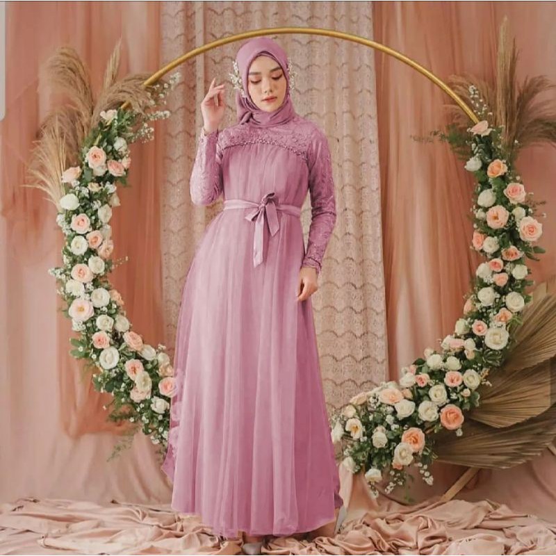 Alesha Fidella Maxi Dress  M - L - XL - XXL /  Gamis Kondangan / Gamis Bridesmaid/ Velvet Tebal Mix Brukat-Dusty