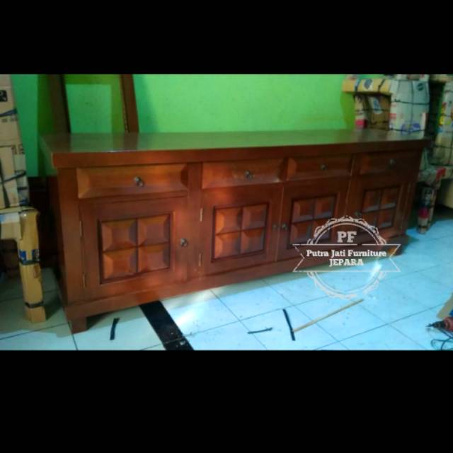 Bufet meja tv lemari pendek hias pajangan bahan kayu jati model minimalis