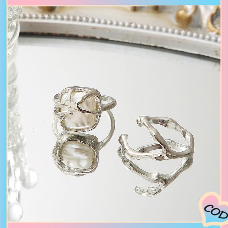 COD❤️ 2PCS Kreatif Sederhana Temperamen Pembukaan Mutiara Tidak Teratur Cincin Dapat Disesuaikan-A.one