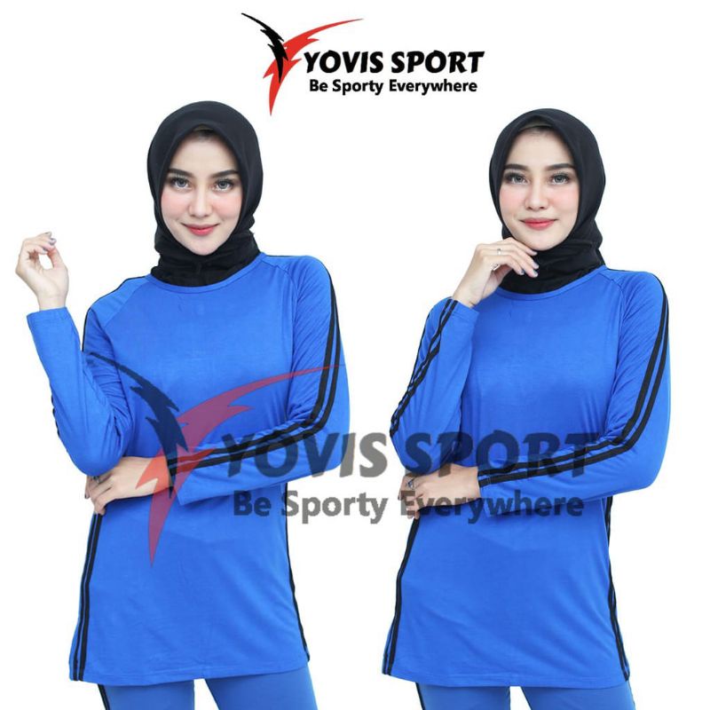 kaos atasan senam wanita lengan panjang-biru lis hitam