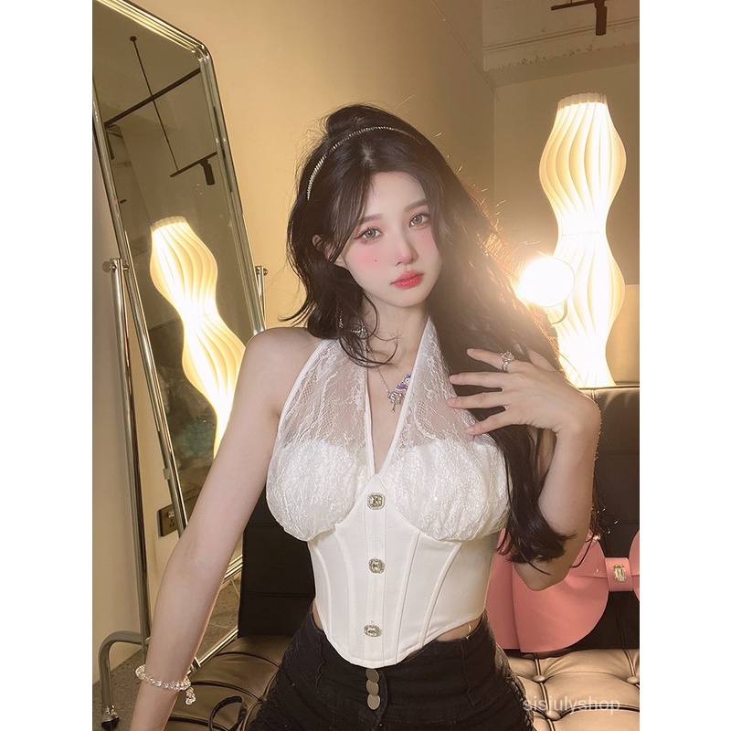 #Sisjuly# Wanita halter neck renda kamisol rompi wanita musim panas atasan kemeja bottoming pendek d