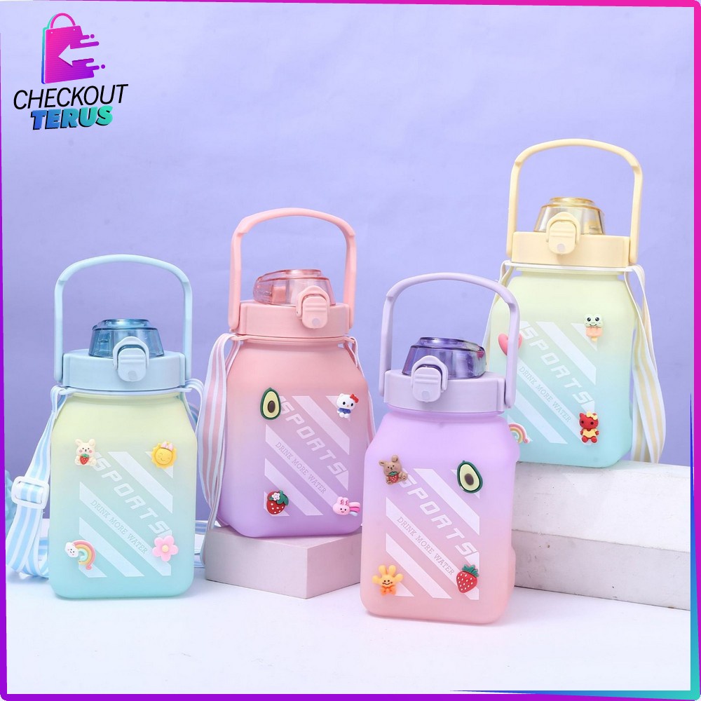 CT C468 Botol Minum Anak Gemoy Warna Gradasi Kotak 1500ML Bottle Tumblr Sedotan dan Tali Panjang BPA FREE