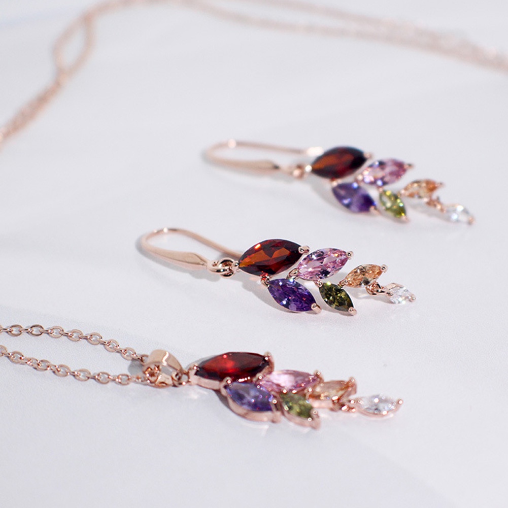 Hu Hu Hu Hu Hu Alat Bantu Pasang Kacamata♡ Set Anting Dan Kalung Rantai Desain Daun Aksen Kristal Berlian Imitasi Untuk Wanita