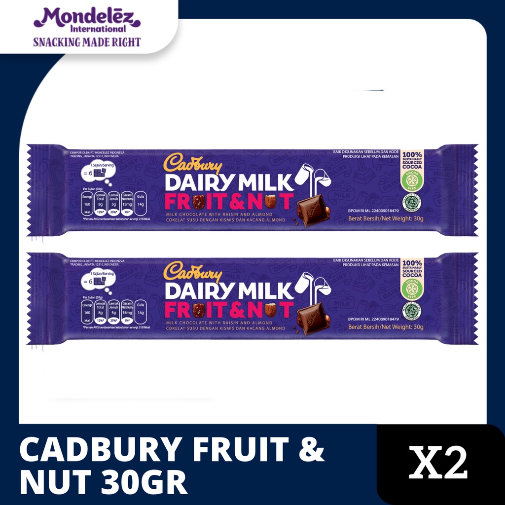 

Cadbury Cokelat Dairy Milk Fruit & Nut 2 x 30 gr