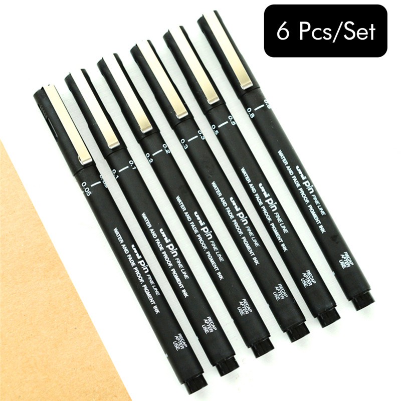 6PCS Uni Pin Drawing Pen Fine Line 005 01 02 03 05 08 Needle pen