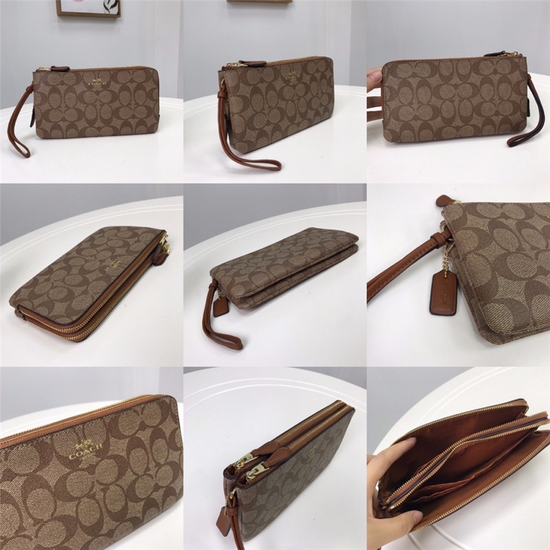 Coach Signature Pvc Double Zip Wallet / Wristlet In Khaki (C54057)