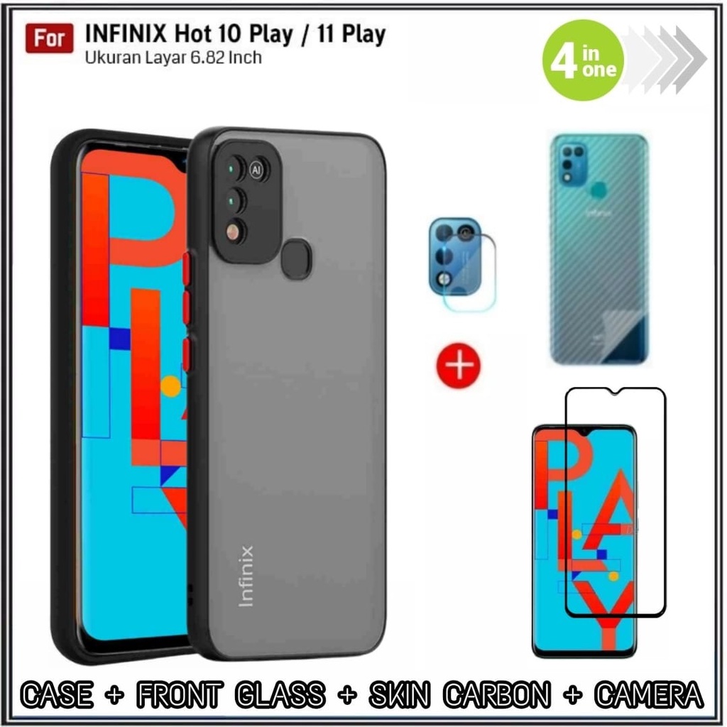 PAKET 4IN1 Case Infinix Hot 11 Play , 10 PLAY , 10S , 10S NFC , 10T Hard Soft My Choise Armor Matte Bumper Aero Dove Acrylic Shockprooft Transparent Matte Casing Hp Cover Free Tempered Glass + Garskin &amp; Camera DI ROMAN ACC