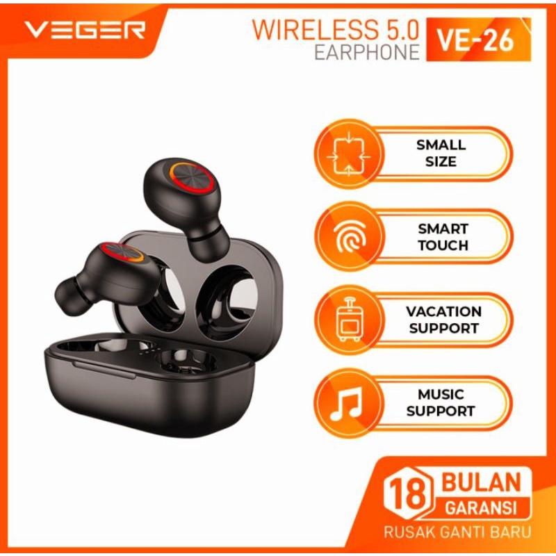 0Headseat Earphone VEGER Wireless Stereo VE-26 TWS 5.0 / Handsfree Bluetooth 5.0 Veger ve26 Original
