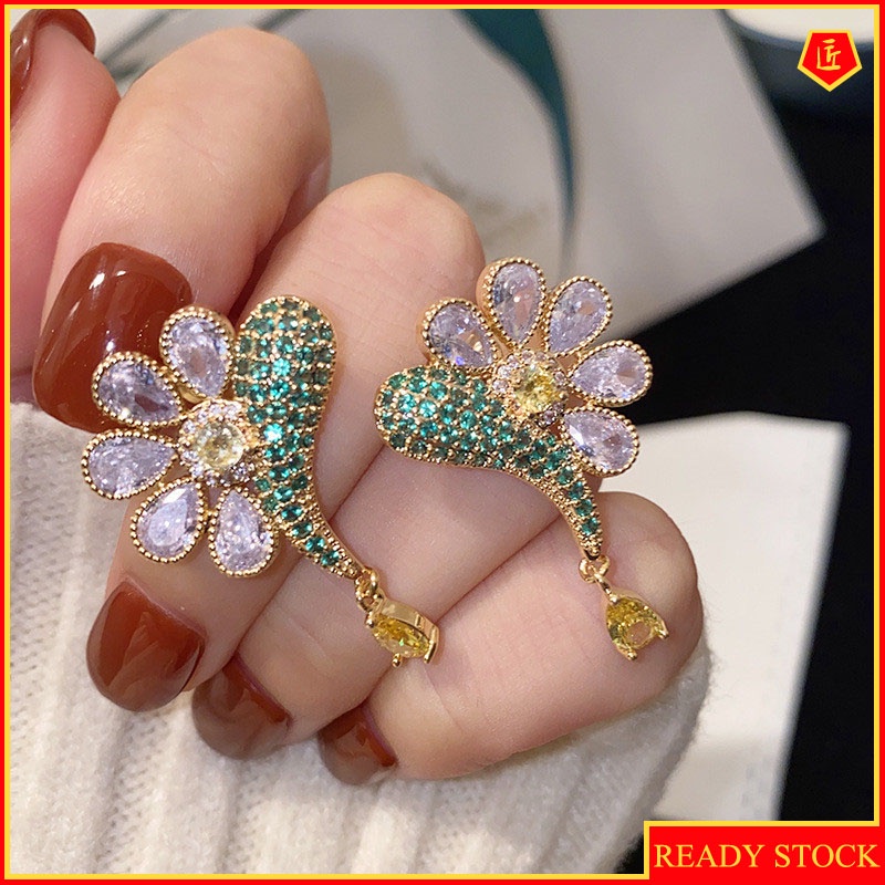 Fashion Flower Fish-Shaped Stud Earrings Full Diamond Luxury Temperament Stud Earrings