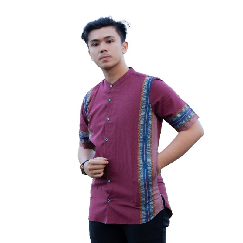 KEMKO SONGKET  LENGAN PENDEK BAJU KURTA PRIA BAJU MUSLIM MODERN PRIA WARNA Maroon Navy Lightning Blue Hijau teal M L XL