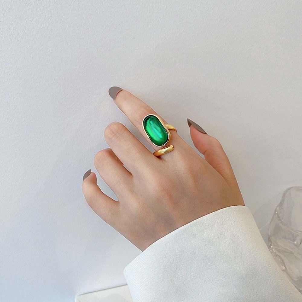 Mxbeauty Pembukaan Cincin Indah Hadiah Pernikahan Warna Emas Imitasi Permata Oval Geometris Gaya Korea