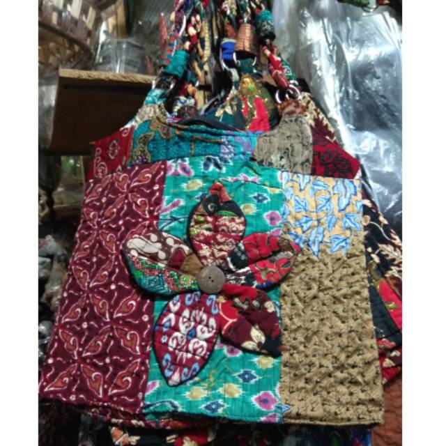 (BISA COD) TAS BATIK PERCA TALI KEPANG DENGAN BUNGA 38 x 33 cm - HAND BAG WANITA - SOUVENIR MURAH