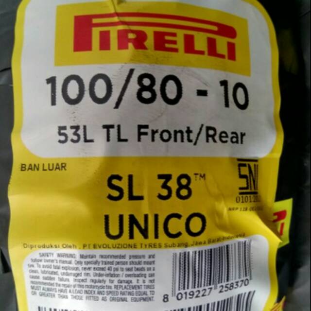 BAN PIRELLI SL 38 
size 100/80 RING 10 (STANDAR vespa LX/LS)