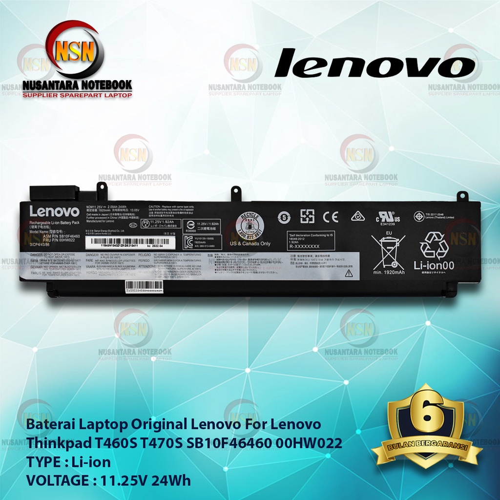 Original Baterai Laptop For Lenovo T460S T470S T480S SB10F46460 00HW022 11.25V 24Wh