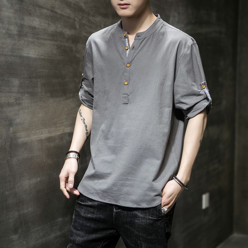 Katun dan linen t-shirt pria musim panas lengan pendek tipis V-neck setengah kemeja bottoming longg