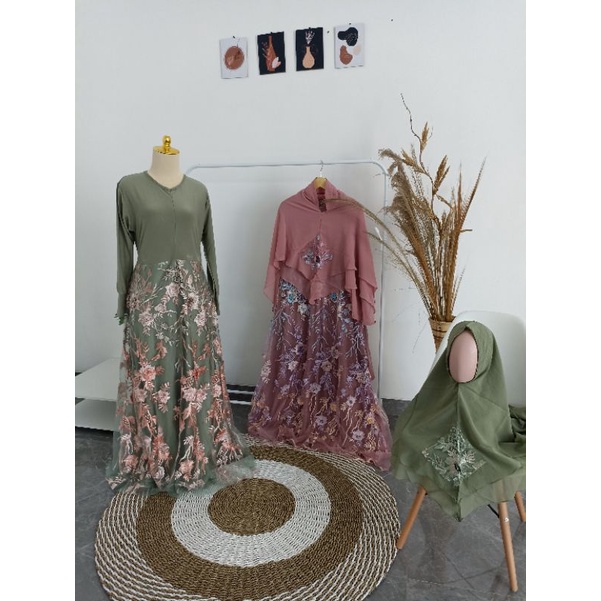 OS  Gamis Terusan syar'i set hijab bawahan rok brukat S004