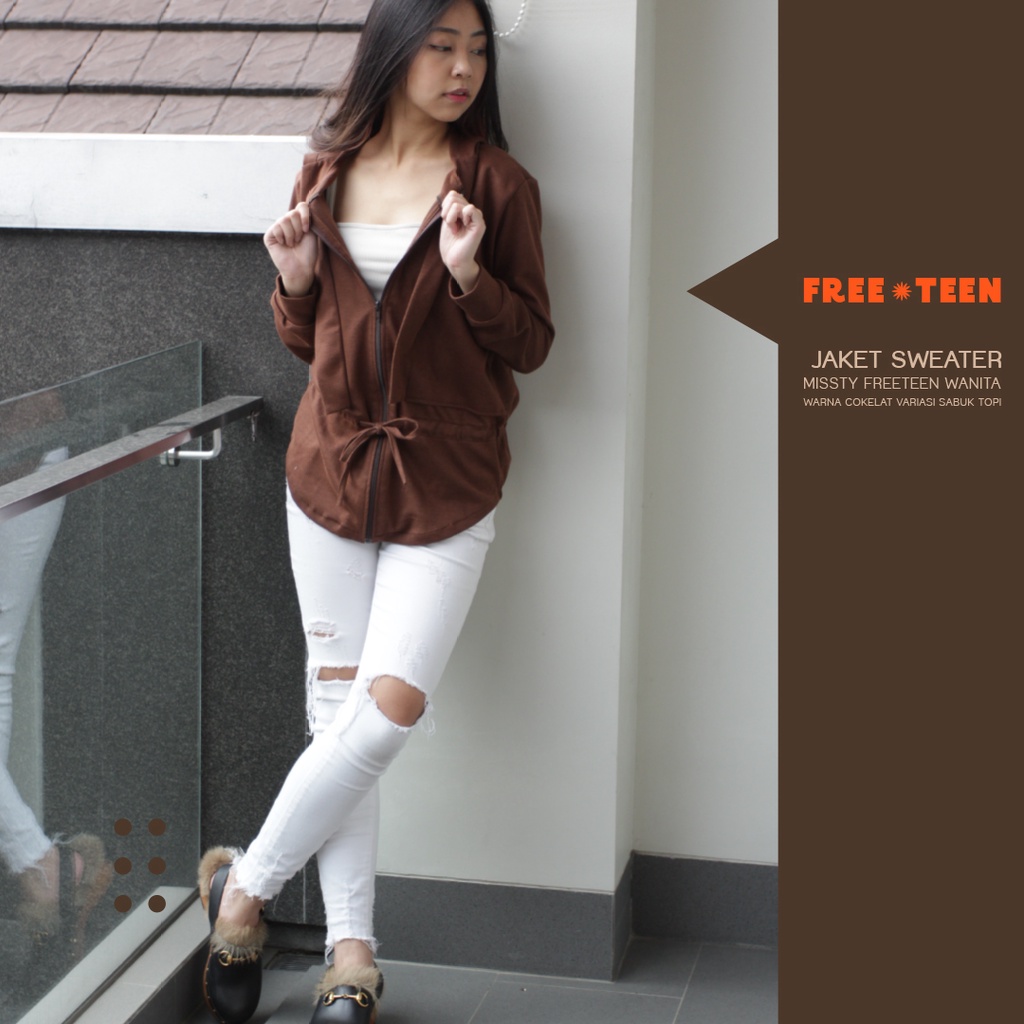 Jaket Sweater Missty Freeteen Wanita Warna Cokelat Variasi Sabuk Topi (Jasmine 59)