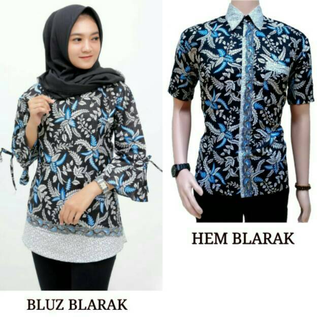 Batik Couple Motif Blarak Biru Tosca Cewek Model Trompet Kemeja Batik Pria Lengan Pendek