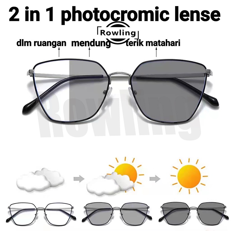 Rowling(pc-278)2 In 1 Kacamata lensa photocromic anti radiasi wanita pria kacamata bingkai Titanium komputer Anti UV   fotocromic