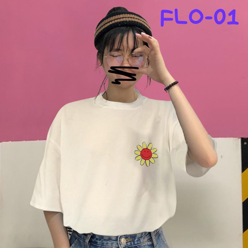 Oversize Tee Tshirt   Wanita Model Longgar Motif Bunga Smile Depan Belakang (FLO-01)