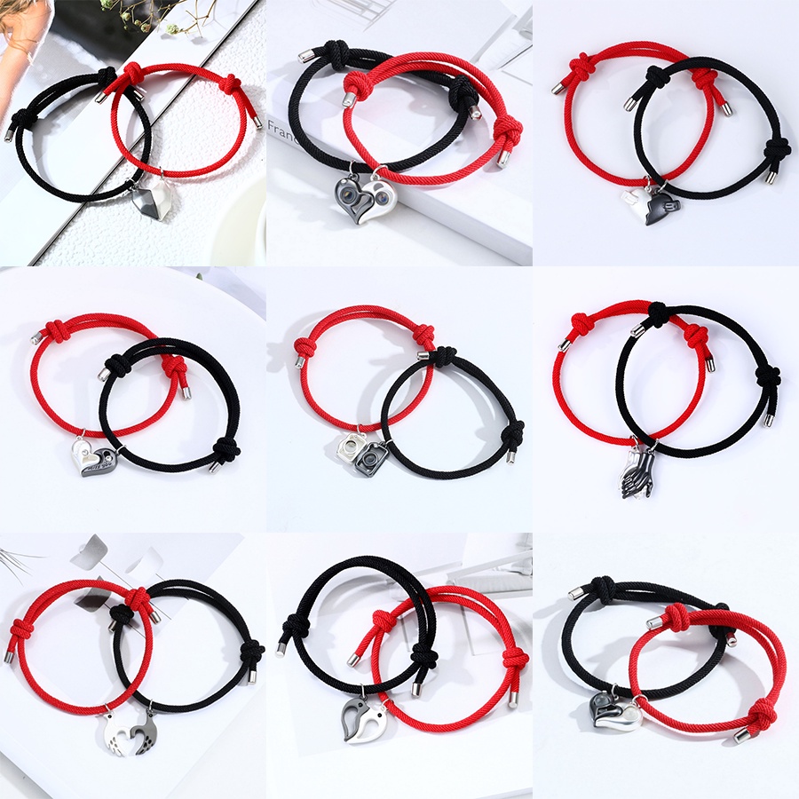 Red and black rope love wishing stone couple stitching magnetic magnet weaving adjustable bracelet set Korean fashion jewelry gifts for men and women friends best accessories factory wholesale in stock