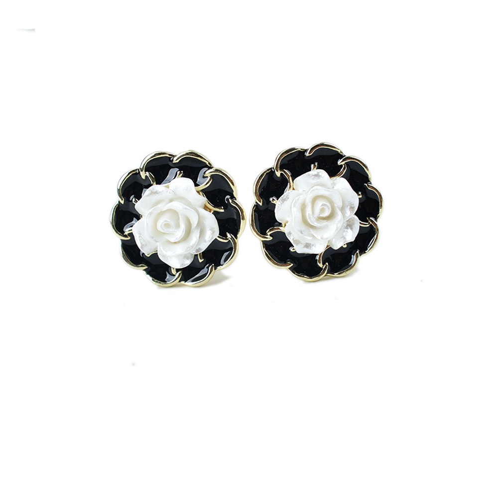 Anting Klip Tanpa Tindik Desain Bunga Warna Hitam Putih Untuk Wanita