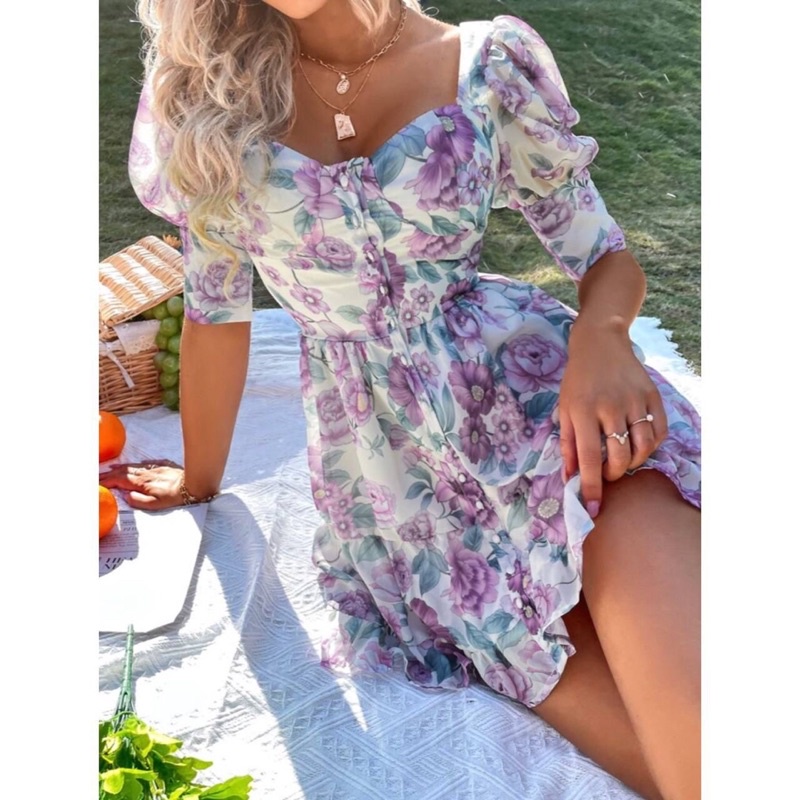 Oyin Dress Floral Vintage Korean Mini Busui Kancing Gaun Manis Holiday Cantik Picnic Outdoor Pantai 