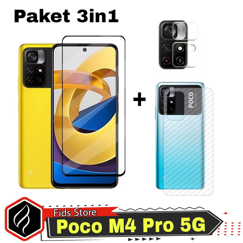 Paket 3 in 1 Anti Gores Layar Xiaomi Poco M4 Pro 5G / M4 Pro 4G Tempered Glass Free Tempered Camera &amp; Garskin Carbon For Poco M4 Pro