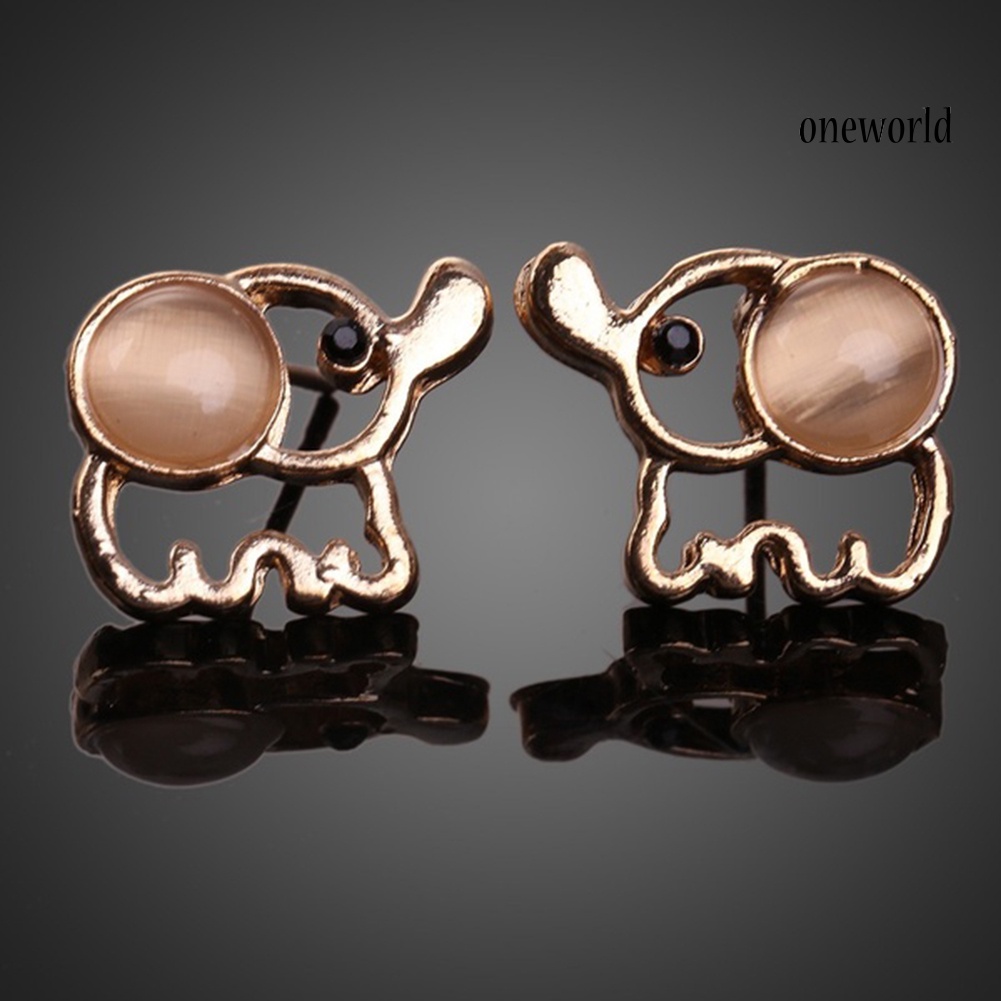 OW# Cute Women Faux Opal Inlaid Hollow Elephant Shape Ear Stud Earrings Jewelry Gift