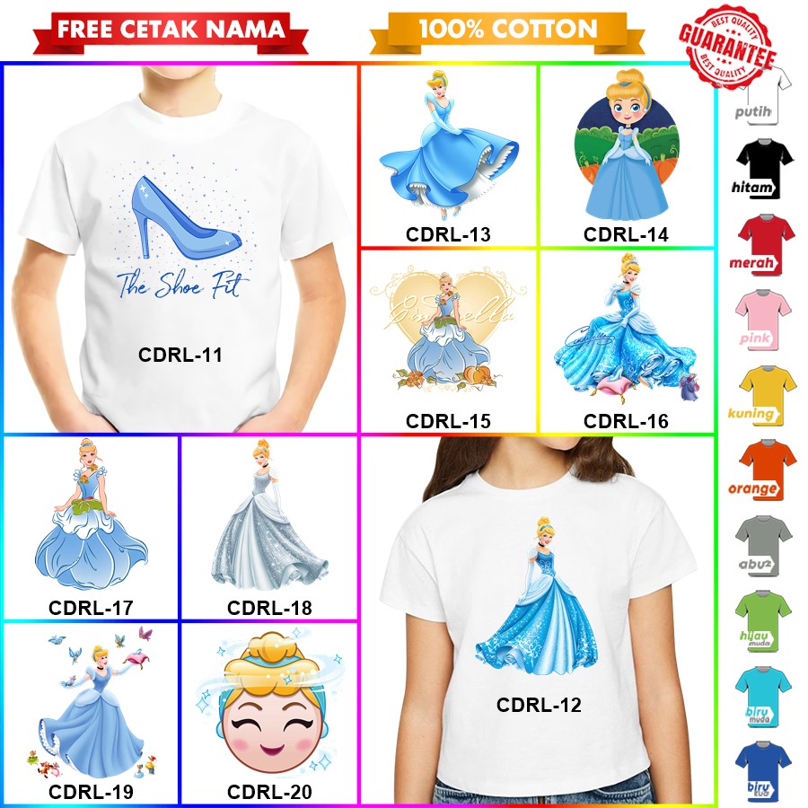 [FREE NAMA!!] Baju Kaos ANAK DAN DEWASA CINDERELLA BANYAK MOTIF