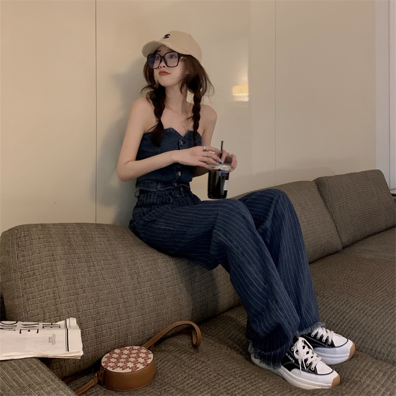 Fashion Setelan Wanita Slim Pendek Tube Top Musim Panas Pinggang Tinggi Celana Jeans Bergaris Celana