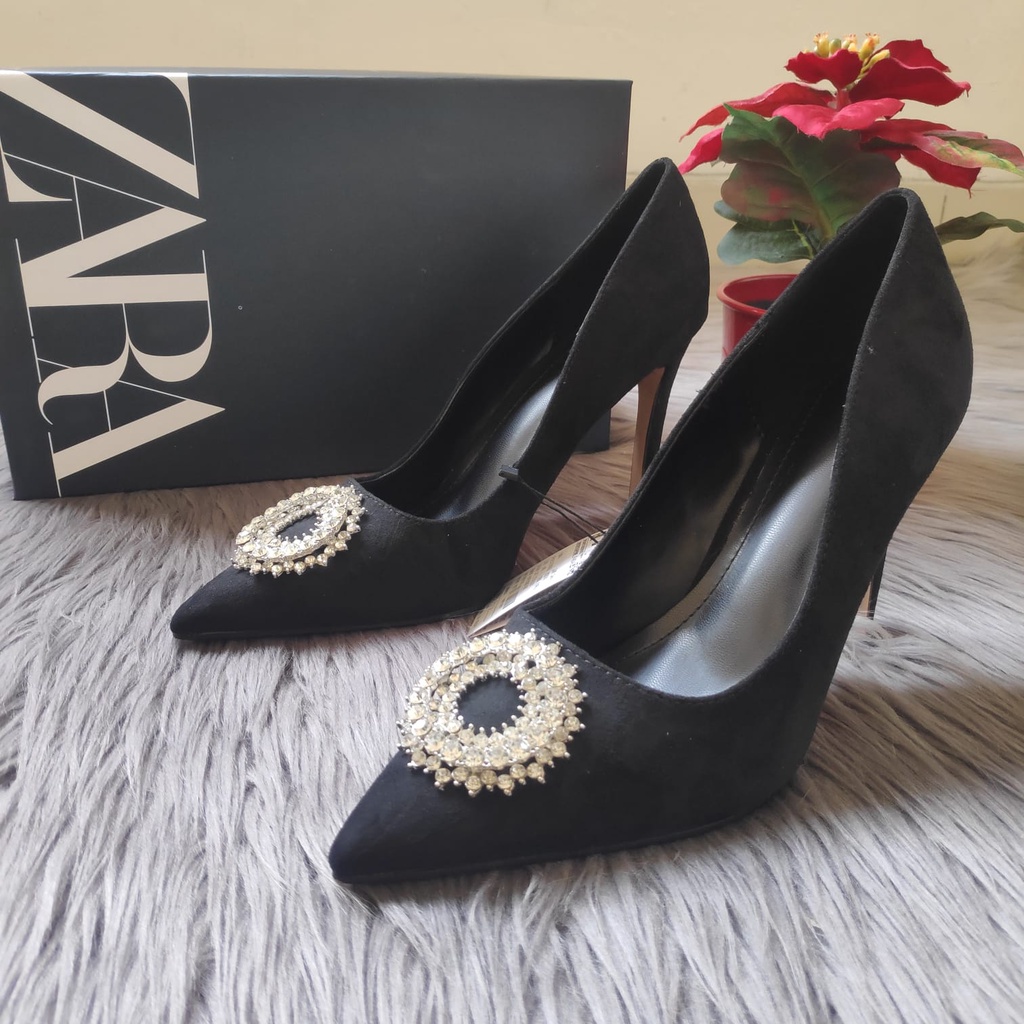 SEPATU WANITA ZS-3529 JEWEL TRIM HEELED SHOES HEELS 9 CM BLACK