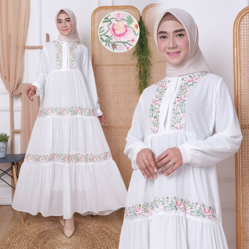 gamis bordir bunga terbaru bahan seruty babydoll