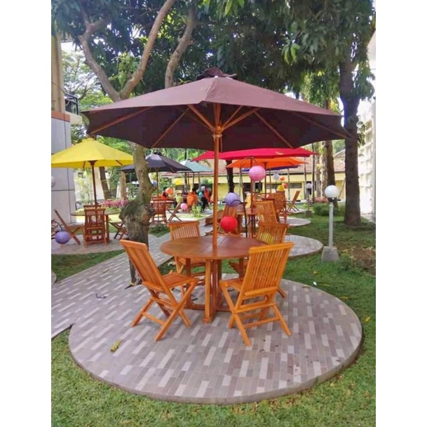Set Meja Makan Bulat jati minimalis Meja payung Kursi lipat Jati minimalis Meja putar
