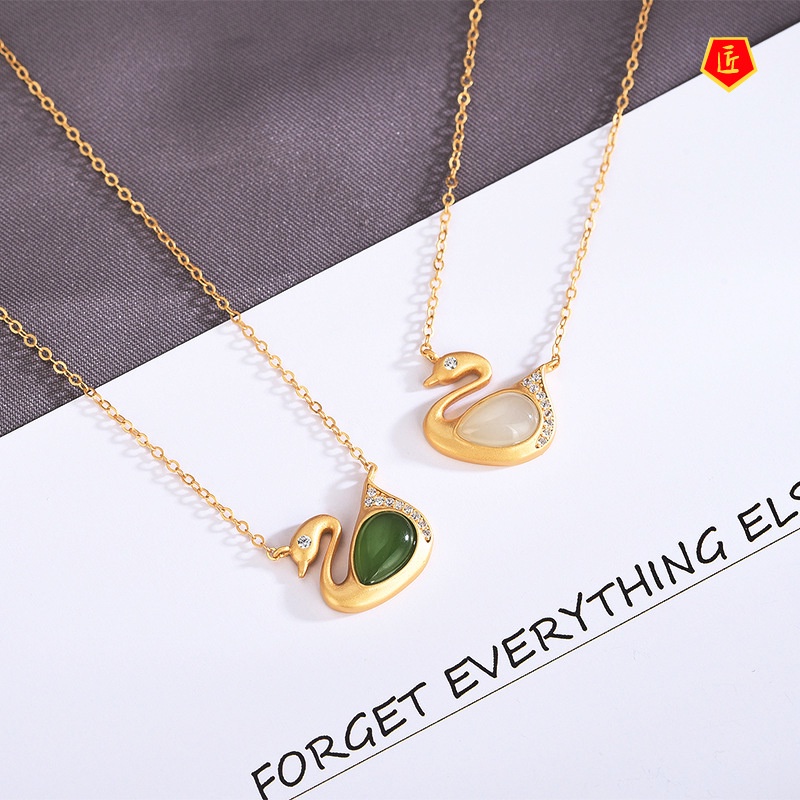 [Ready Stock]Swan-Shaped Hetian Jade Golden Pendant Necklace for Women Elegant All-Match