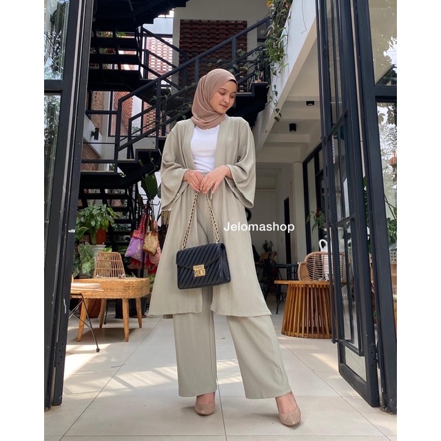 SABRINA SET BAHAN PLEATS IMPORT DAPAT OUTER + CELANA | SETELAN BKK