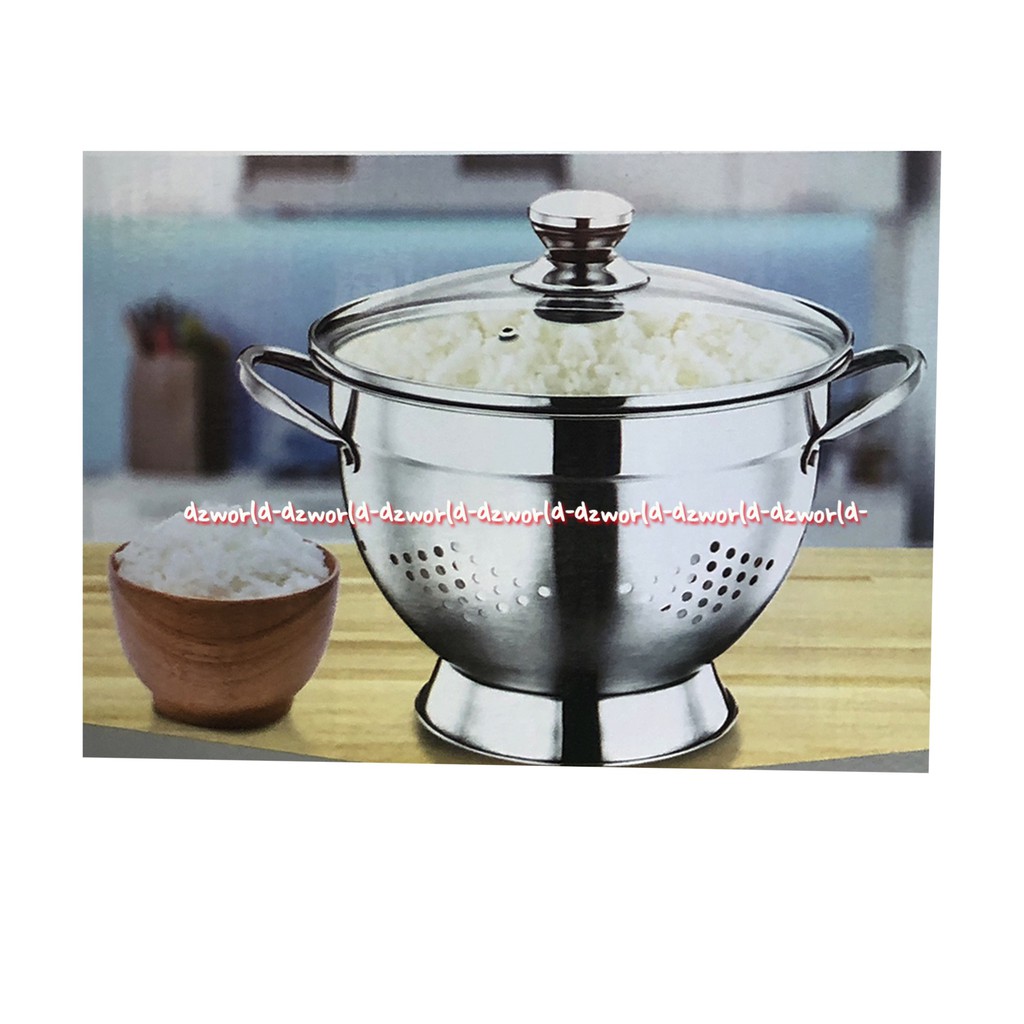 Krischeff Stainless Colander With Glass Lid 26cm Wadah Tempat Nasi