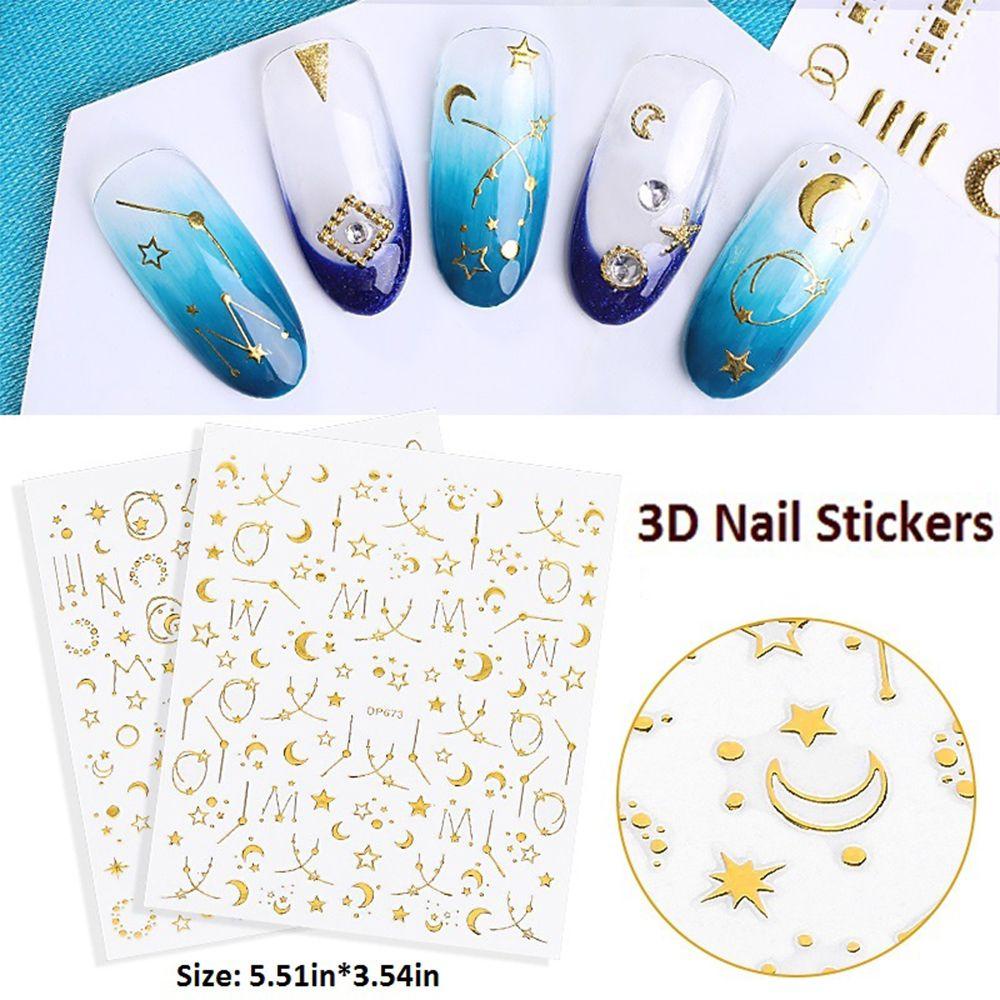 AUGUSTINA Agustin 3D Stiker Kuku DIY Dekorasi Nail Art Nail Tips Nail Patch Gold Embossed Starry Metal Strip