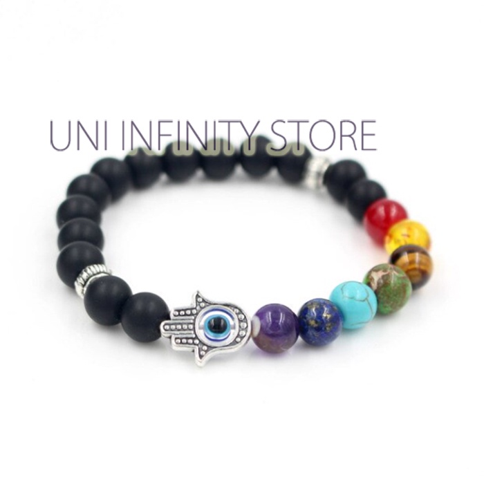 JWBR0142 Gelang Batu Hitam 7 Warna Hamsa Perak Silver Hand Protection Seven Color Black Stone Bracel