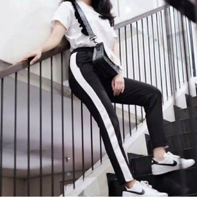 legging Wanita panjang List/strip/line putih jumbo BB 65-85kg