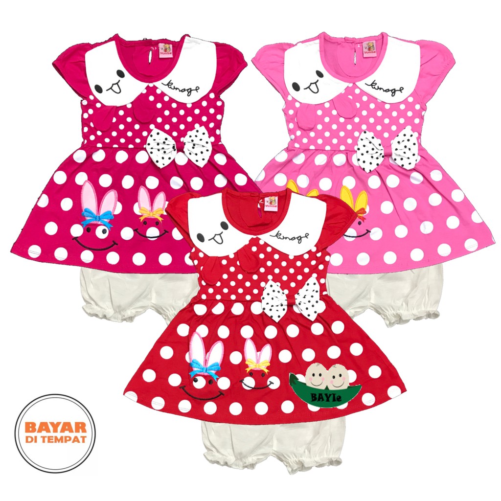 BAYIe - Setelan Baju Bayi/Anak Dress Perempuan motif POLKA 2 RABBIT YUNISA umur 1-2 tahun