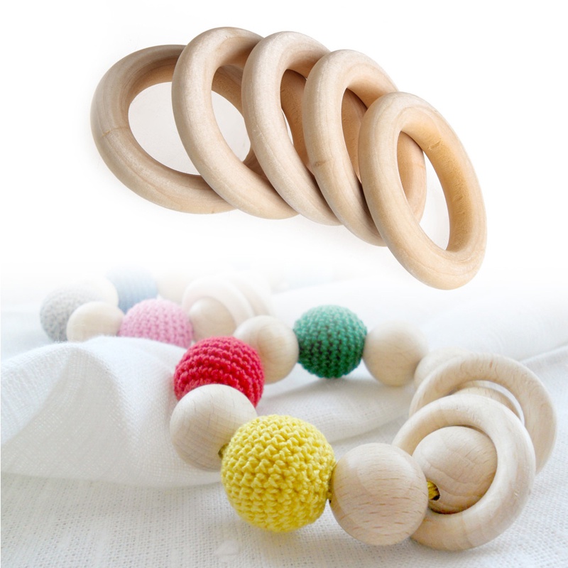 Mary 5pcs / Set Mainan Teether Bayi Bentuk Cincin / Kalung / Gelang 55mm Bahan Kayu Untuk DIY Craft