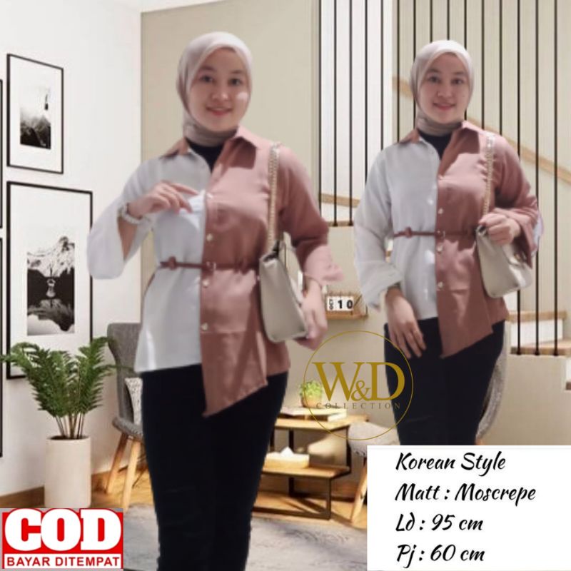 BLOUSE LOVELY TOP ATASAN KEMEJA WANITA POLOS KOMBINASI 2 WARNA CASUAL KOREA LENGAN PANJANG MOSCREPE FREE IKAT PINGGANG-Moca